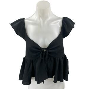 Urban Outfitters Sierra Black Keyhole Babydoll Ruffle Peplum Crop Blouse Top M